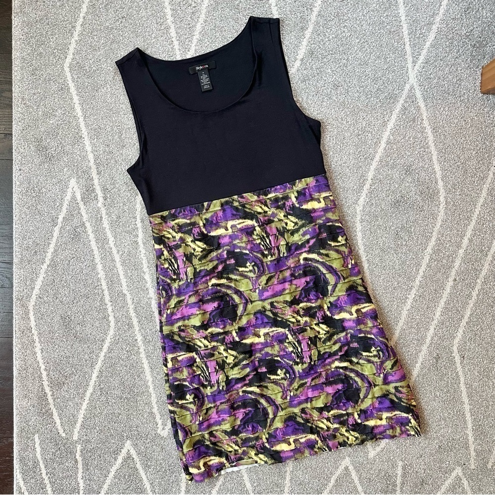Style & Co. Black Purple Olive Stretch Sleeveless Dress w/ Pleated Ruffle Skirt